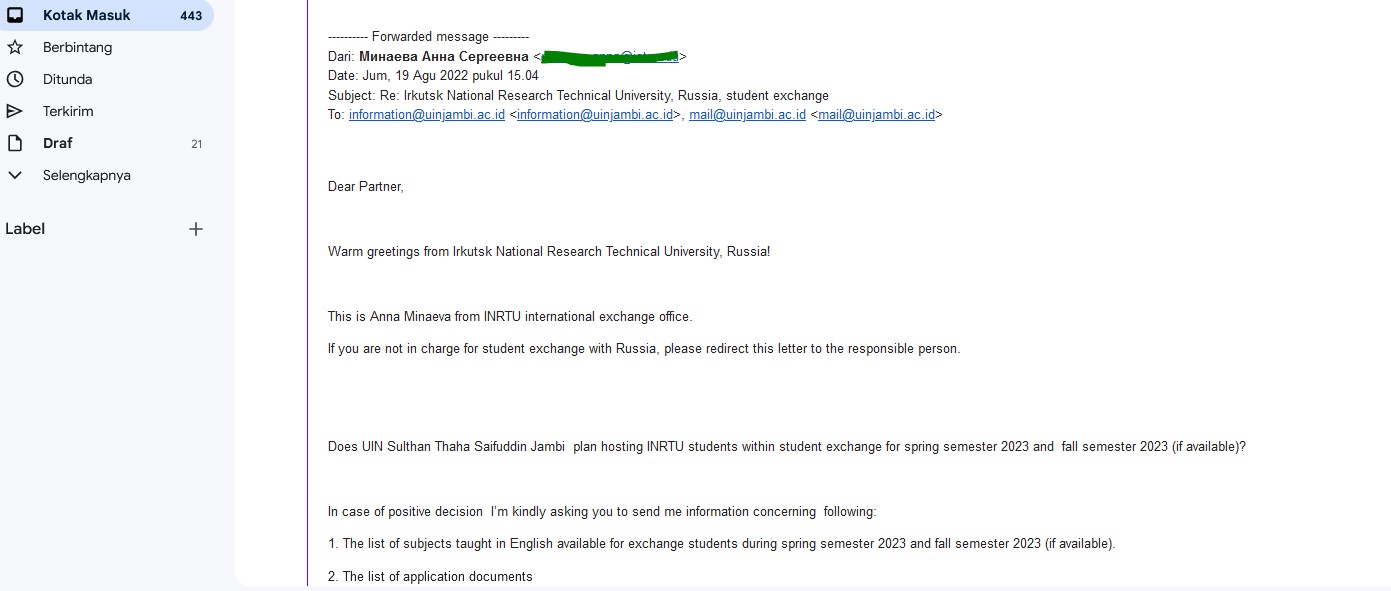 UIN STS JAMBI MENDAPATKAN TAWARAN PROGRAM PERTUKARAN MAHASISWA  (STUDENT EXCHANGE) DARI IRKUTSK NATIONAL RESEARCH TECHNICAL UNIVERSITY (INRTU), RUSIA