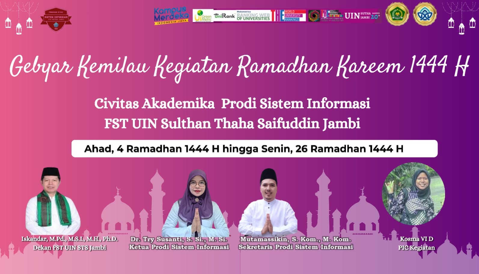 Gebyar Kemilau Kegiatan Ramadhan Karem 1444 H Civitas Akademika Prodi Sistem Informasi FST UIN STS Jambi. Gebyar Kemilau Kegiatan Ramadhan Karem 1444 H Civitas Akademika Prodi Sistem Informasi FST UIN STS Jambi.