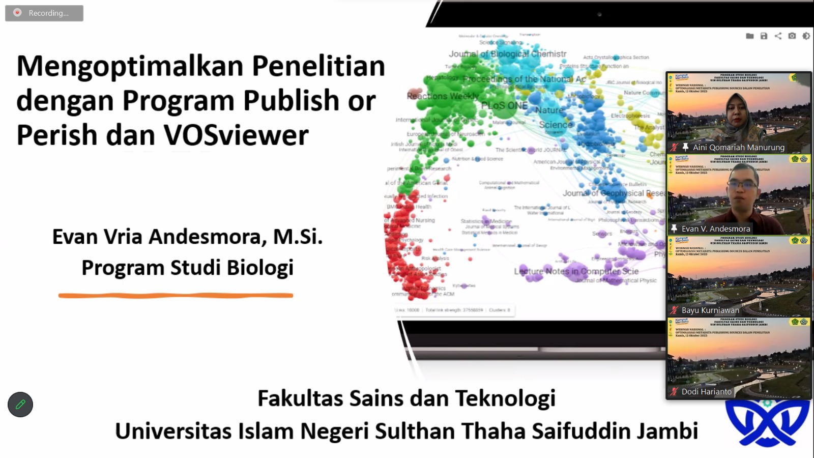 Program Studi Biologi FST sukses menyelenggarakan Webinar Nasional dengan Tema “Optimalisasi Metadata Publishing Sources dalam Penelitian UIN STS Jambi